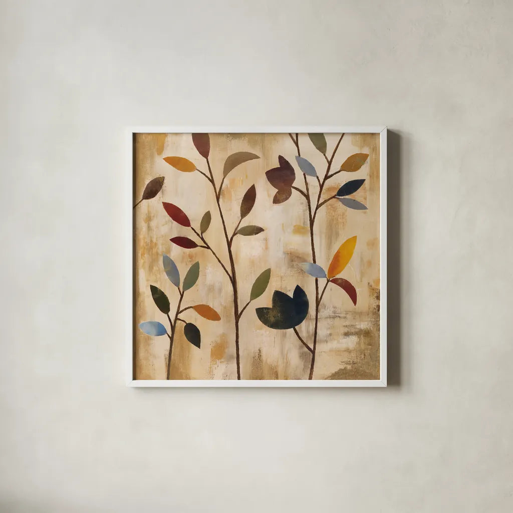 Branches at Sunrise IV by Silvia Vassileva. Shown in a crisp white glass frame for a clean and minimalist style. Available as an archival giclee rolled canvas, fine art paper, or poster print. SKU 36097a.