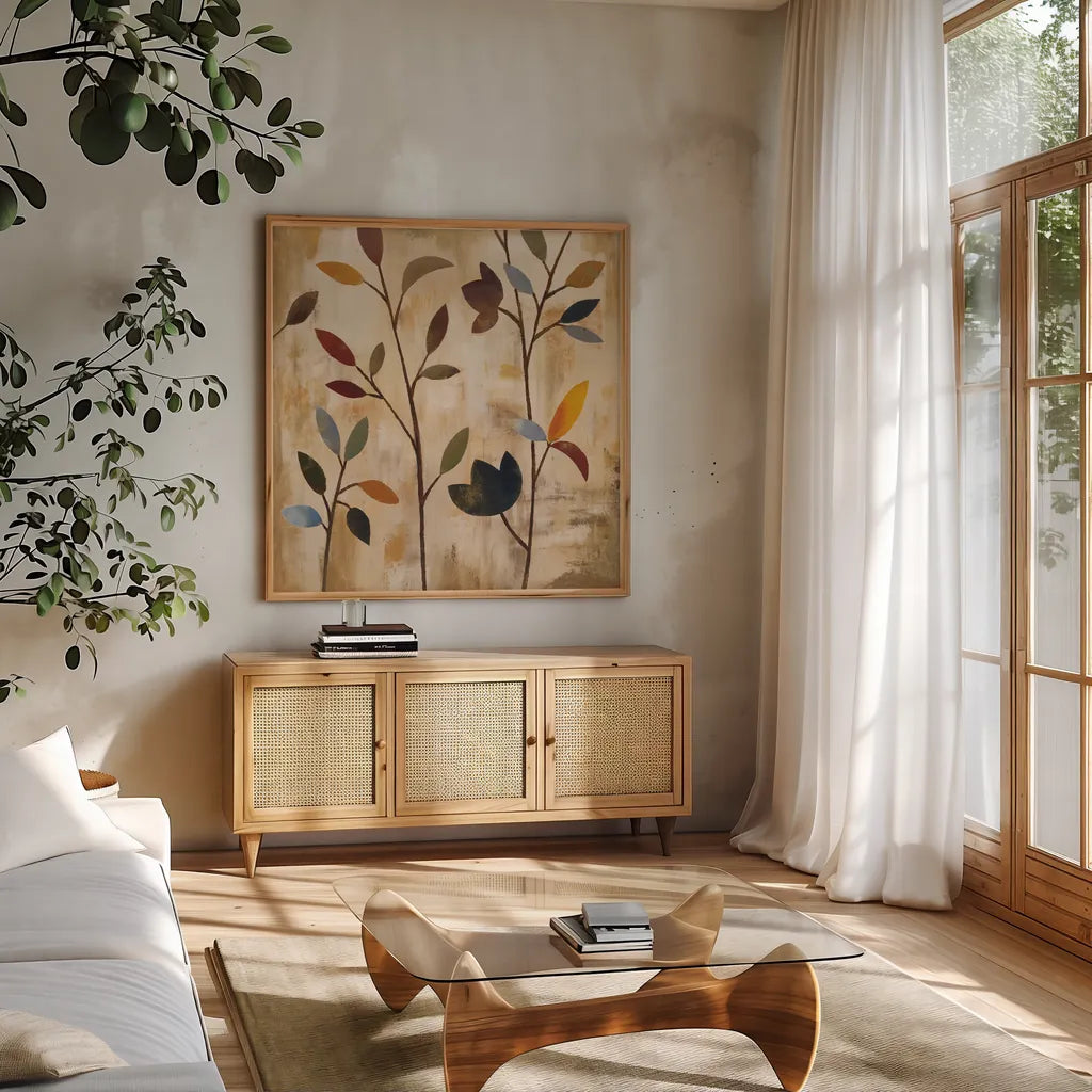 Branches at Sunrise IV by Silvia Vassileva. Shown in a natural wood frame in a cozy modern living room. Available as an archival giclee rolled canvas, fine art paper, or poster print. SKU 36097a.