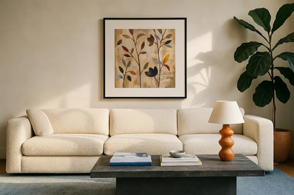 Branches at Sunrise IV by Silvia Vassileva. Displayed in a glass frame with matte in a clean modern living room. Available as an archival giclee rolled canvas, fine art paper, or poster print. SKU 36097a.