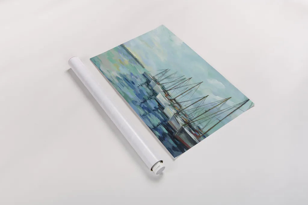 Breakwater and Boats by Silvia Vassileva. shown as a rolled paper print. Available as archival giclee rolled canvas, fine art paper, or poster print. SKU 46907i.