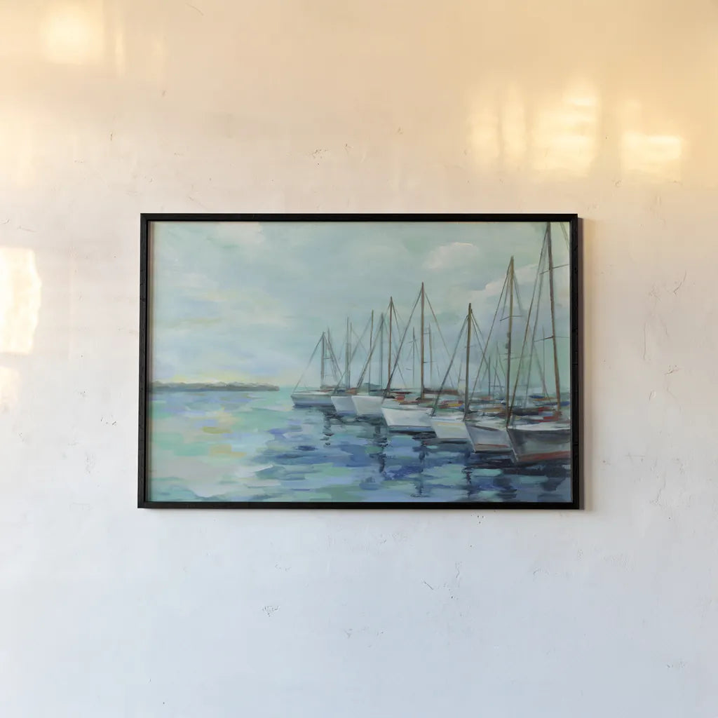 Breakwater and Boats by Silvia Vassileva. shown as a paper print in a black flame. Available as a archival giclee rolled canvas, fine art paper, or poster print. SKU 46907i.