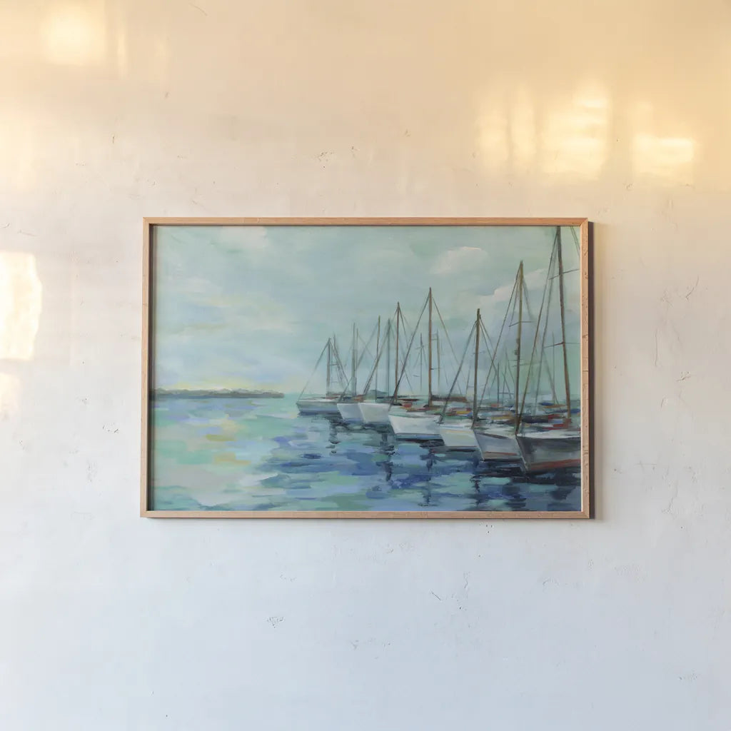 Breakwater and Boats by Silvia Vassileva. shown as a paper print in a natural frame. Available as a archival giclee rolled canvas, fine art paper, or poster print. SKU 46907i.