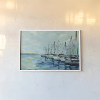 Breakwater and Boats by Silvia Vassileva. shown as a paper print in a white frame. Available as a archival giclee rolled canvas, fine art paper, or poster print. SKU 46907i.