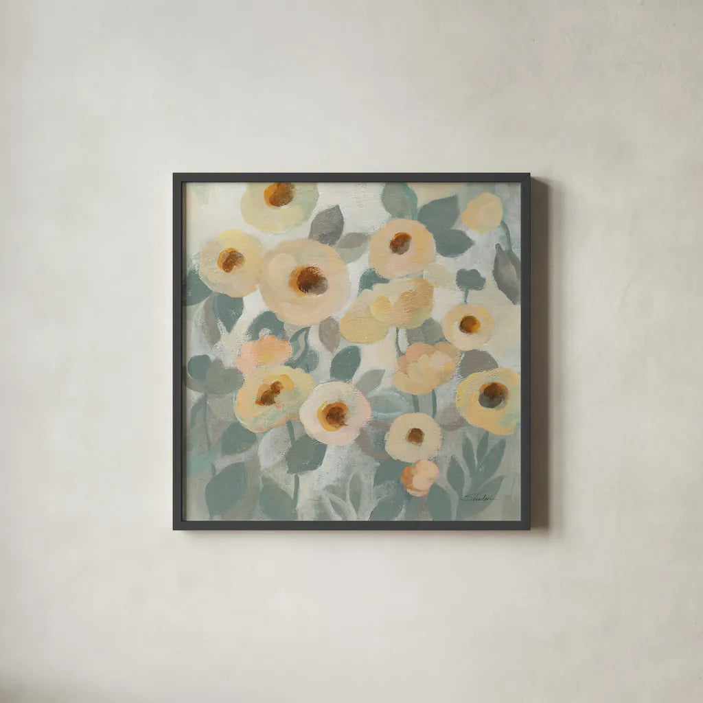 Breezy Flowers I by Silvia Vassileva. Shown in a sleek black glass frame for a contemporary gallery look. Available as an archival giclee rolled canvas, fine art paper, or poster print. SKU 87418a.