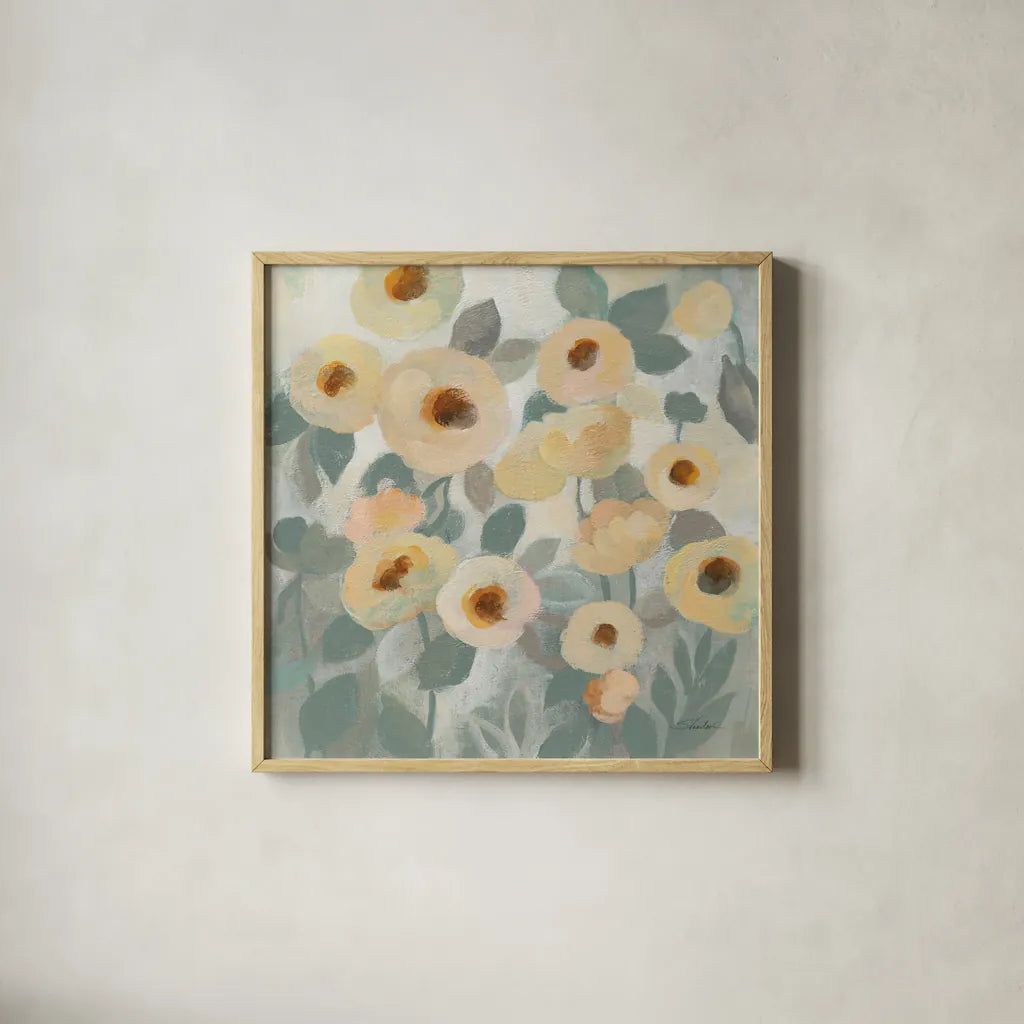 Breezy Flowers I by Silvia Vassileva. Shown in a natural wood glass frame for a timeless modern aesthetic. Available as an archival giclee rolled canvas, fine art paper, or poster print. SKU 87418a.