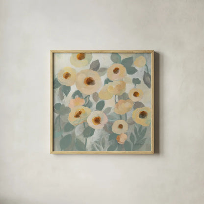 Breezy Flowers I by Silvia Vassileva. Shown in a natural wood glass frame for a timeless modern aesthetic. Available as an archival giclee rolled canvas, fine art paper, or poster print. SKU 87418a.