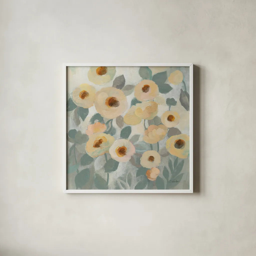 Breezy Flowers I by Silvia Vassileva. Shown in a crisp white glass frame for a clean and minimalist style. Available as an archival giclee rolled canvas, fine art paper, or poster print. SKU 87418a.