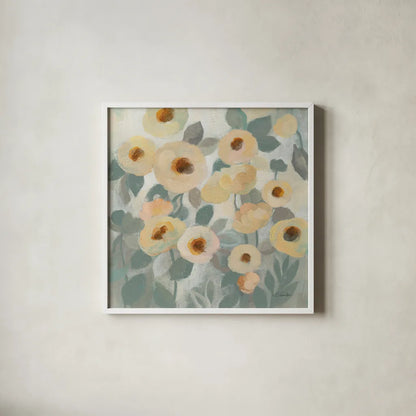 Breezy Flowers I by Silvia Vassileva. Shown in a crisp white glass frame for a clean and minimalist style. Available as an archival giclee rolled canvas, fine art paper, or poster print. SKU 87418a.