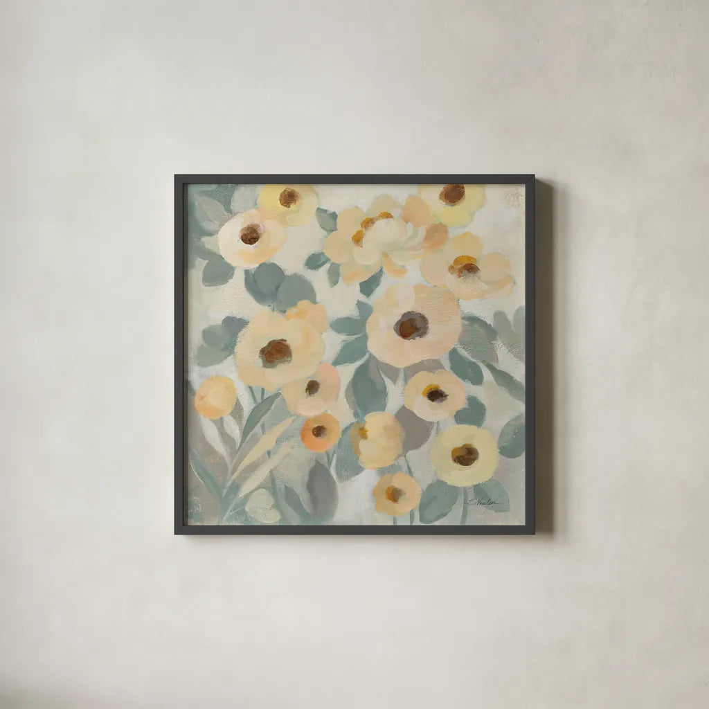 Breezy Flowers II by Silvia Vassileva. Shown in a sleek black glass frame for a contemporary gallery look. Available as an archival giclee rolled canvas, fine art paper, or poster print. SKU 87419a.