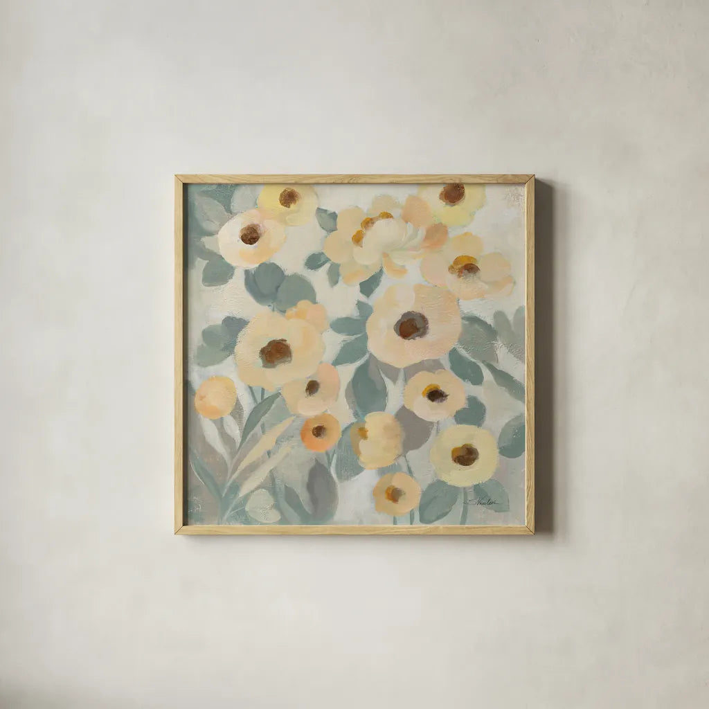 Breezy Flowers II by Silvia Vassileva. Shown in a natural wood glass frame for a timeless modern aesthetic. Available as an archival giclee rolled canvas, fine art paper, or poster print. SKU 87419a.