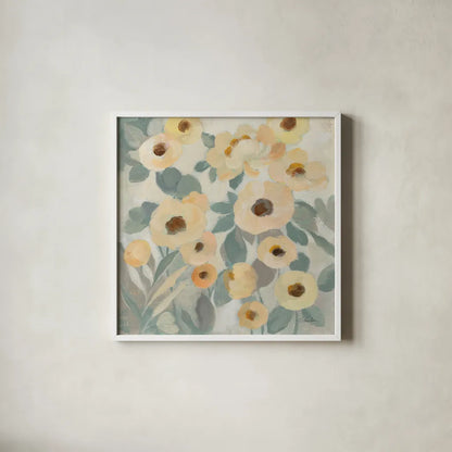 Breezy Flowers II by Silvia Vassileva. Shown in a crisp white glass frame for a clean and minimalist style. Available as an archival giclee rolled canvas, fine art paper, or poster print. SKU 87419a.
