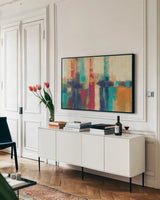 Bright Aqua Horizon Crop by Silvia Vassileva. shown as a framed stretched canvas in a living room above a console. Available as a archival giclee rolled canvas, fine art paper, or poster print. SKU 64573i.