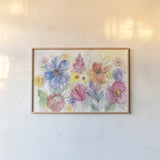 Bright Aquarelle Flowers by Silvia Vassileva. shown as a paper print in a natural frame. Available as a archival giclee rolled canvas, fine art paper, or poster print. SKU 19036i.