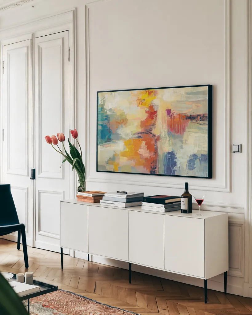 Bright Coral Reef by Silvia Vassileva. shown as a framed stretched canvas in a living room above a console. Available as a archival giclee rolled canvas, fine art paper, or poster print. SKU 64577i.