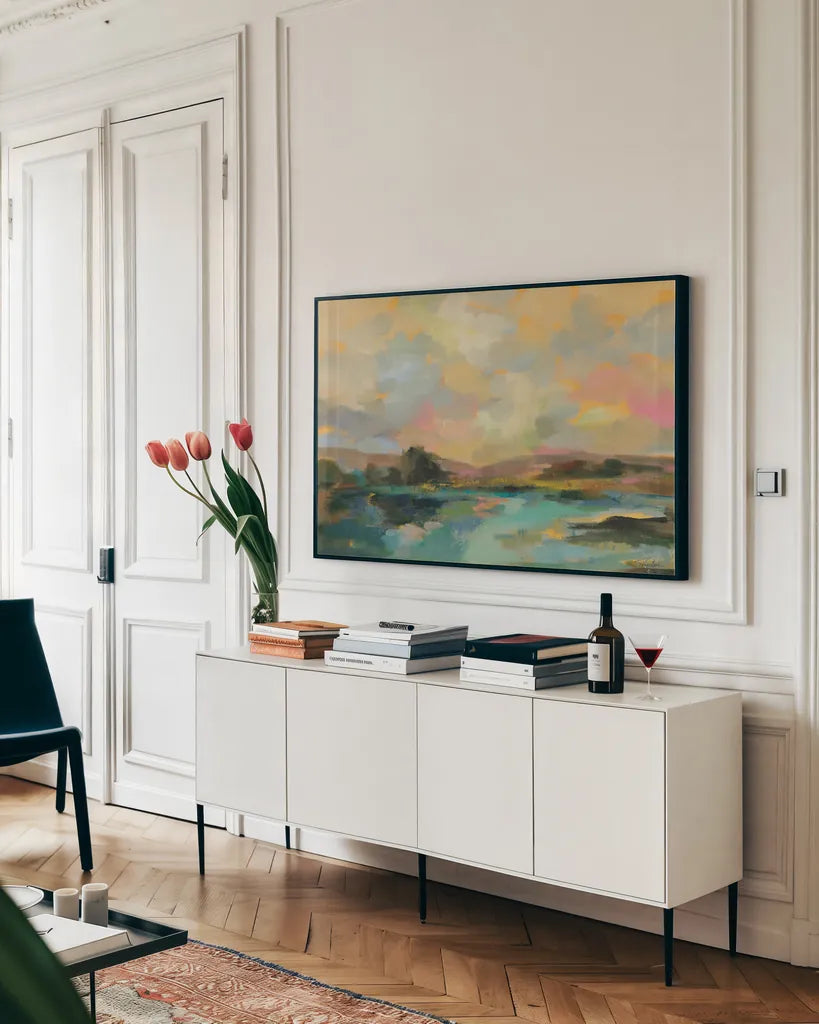 Bright Day by Silvia Vassileva. shown as a framed stretched canvas in a living room above a console. Available as a archival giclee rolled canvas, fine art paper, or poster print. SKU 100769i.