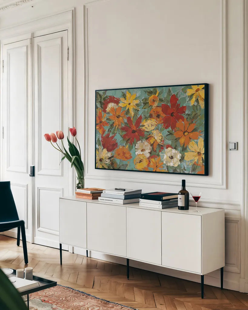 Bright Expressive Garden by Silvia Vassileva. shown as a framed stretched canvas in a living room above a console. Available as a archival giclee rolled canvas, fine art paper, or poster print. SKU 8758i.