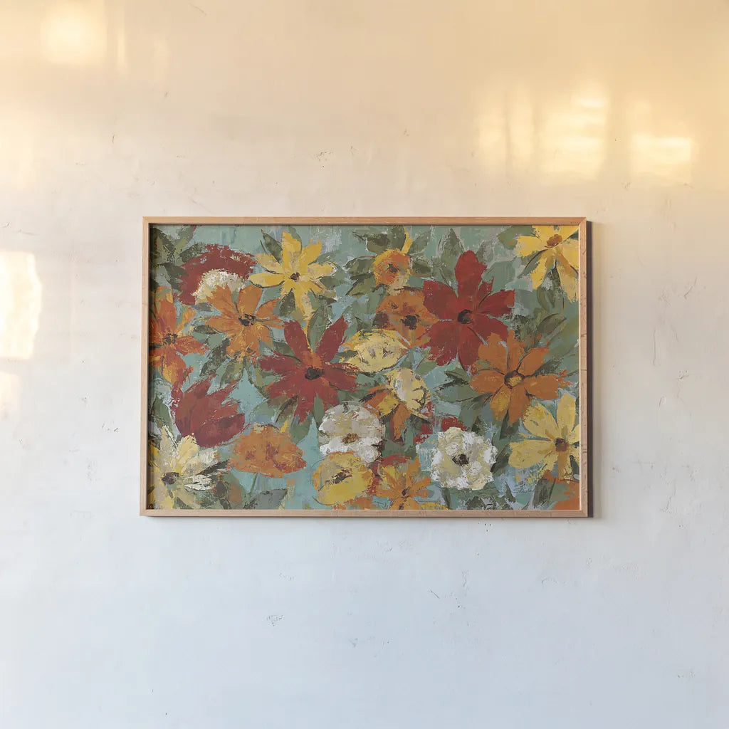 Bright Expressive Garden by Silvia Vassileva. shown as a paper print in a natural frame. Available as a archival giclee rolled canvas, fine art paper, or poster print. SKU 8758i.