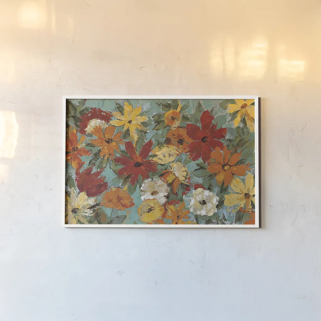 Bright Expressive Garden by Silvia Vassileva. shown as a paper print in a white frame. Available as a archival giclee rolled canvas, fine art paper, or poster print. SKU 8758i.
