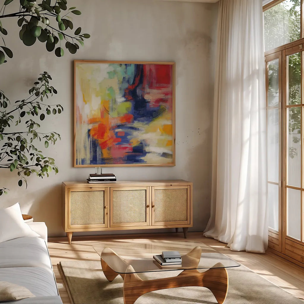 Bright Kyoto Summer by Silvia Vassileva. Shown in a natural wood frame in a cozy modern living room. Available as an archival giclee rolled canvas, fine art paper, or poster print. SKU 64575a.