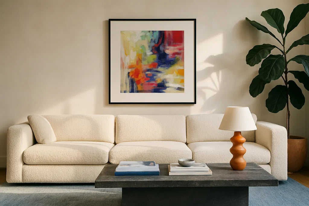 Bright Kyoto Summer by Silvia Vassileva. Displayed in a glass frame with matte in a clean modern living room. Available as an archival giclee rolled canvas, fine art paper, or poster print. SKU 64575a.