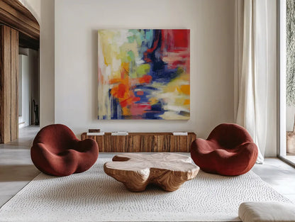 Bright Kyoto Summer by Silvia Vassileva. Shown as extra-large giant wall art in a modern living room. Available as an archival giclee rolled canvas, fine art paper, or poster print. SKU 64575a.