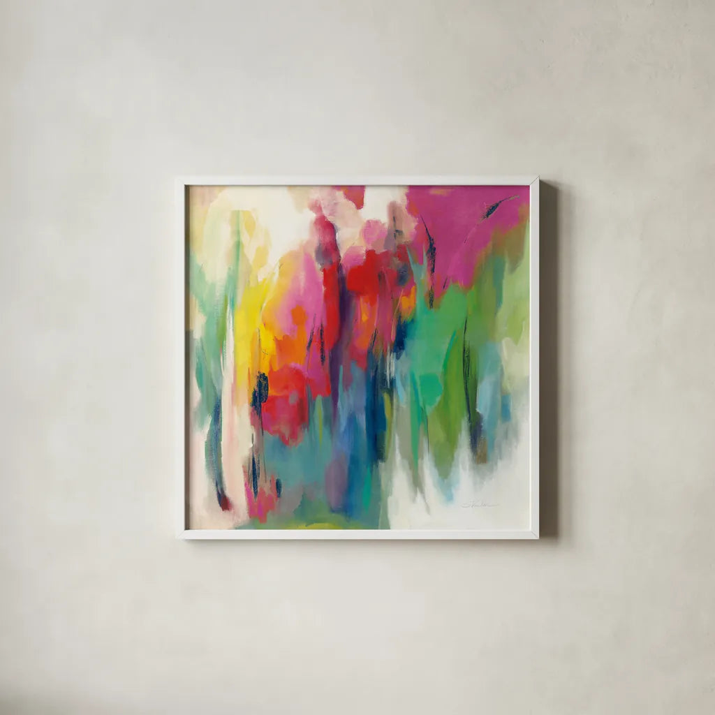 Bright March Rainbow by Silvia Vassileva. Shown in a crisp white glass frame for a clean and minimalist style. Available as an archival giclee rolled canvas, fine art paper, or poster print. SKU 64576a.