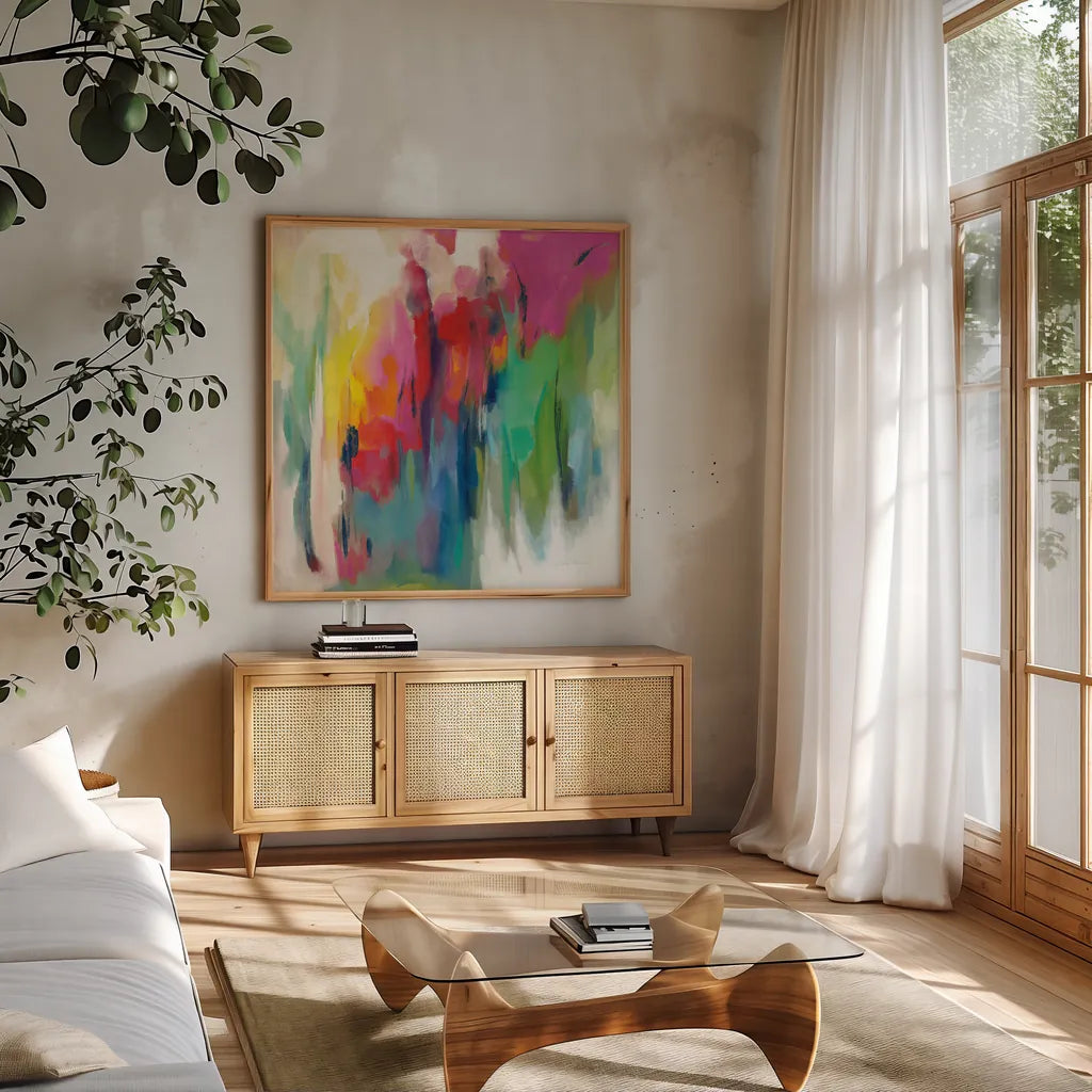 Bright March Rainbow by Silvia Vassileva. Shown in a natural wood frame in a cozy modern living room. Available as an archival giclee rolled canvas, fine art paper, or poster print. SKU 64576a.