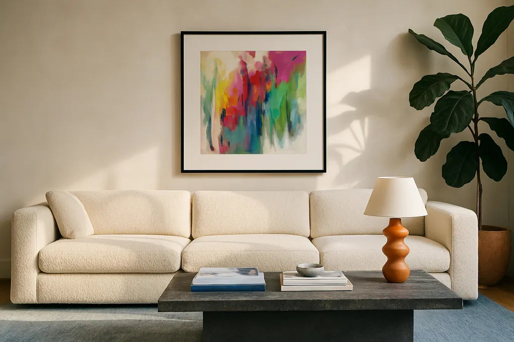 Bright March Rainbow by Silvia Vassileva. Displayed in a glass frame with matte in a clean modern living room. Available as an archival giclee rolled canvas, fine art paper, or poster print. SKU 64576a.