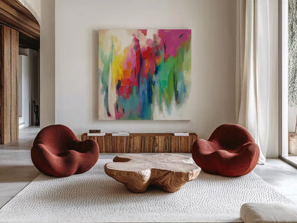 Bright March Rainbow by Silvia Vassileva. Shown as extra-large giant wall art in a modern living room. Available as an archival giclee rolled canvas, fine art paper, or poster print. SKU 64576a.