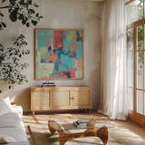 Bright Reflections Crop by Silvia Vassileva. Shown in a natural wood frame in a cozy modern living room. Available as an archival giclee rolled canvas, fine art paper, or poster print. SKU 33620a.
