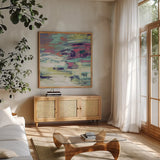 Bright Wave by Silvia Vassileva. Shown in a natural wood frame in a cozy modern living room. Available as an archival giclee rolled canvas, fine art paper, or poster print. SKU 33623a.