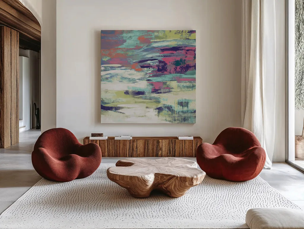 Bright Wave by Silvia Vassileva. Shown as extra-large giant wall art in a modern living room. Available as an archival giclee rolled canvas, fine art paper, or poster print. SKU 33623a.