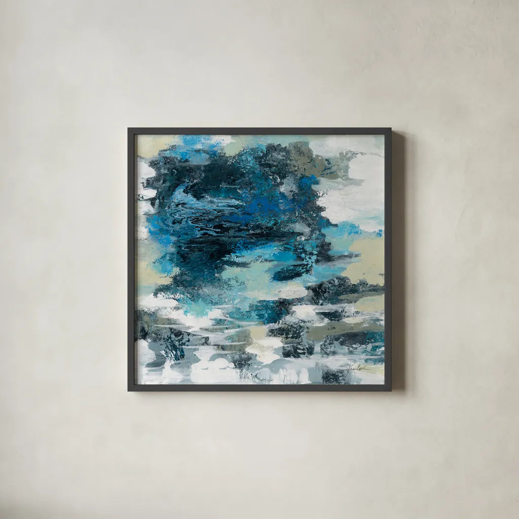 Brilliant Blue Water by Silvia Vassileva. Shown in a sleek black glass frame for a contemporary gallery look. Available as an archival giclee rolled canvas, fine art paper, or poster print. SKU 75418a.