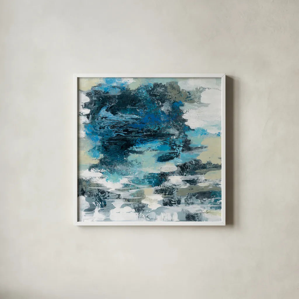 Brilliant Blue Water by Silvia Vassileva. Shown in a crisp white glass frame for a clean and minimalist style. Available as an archival giclee rolled canvas, fine art paper, or poster print. SKU 75418a.