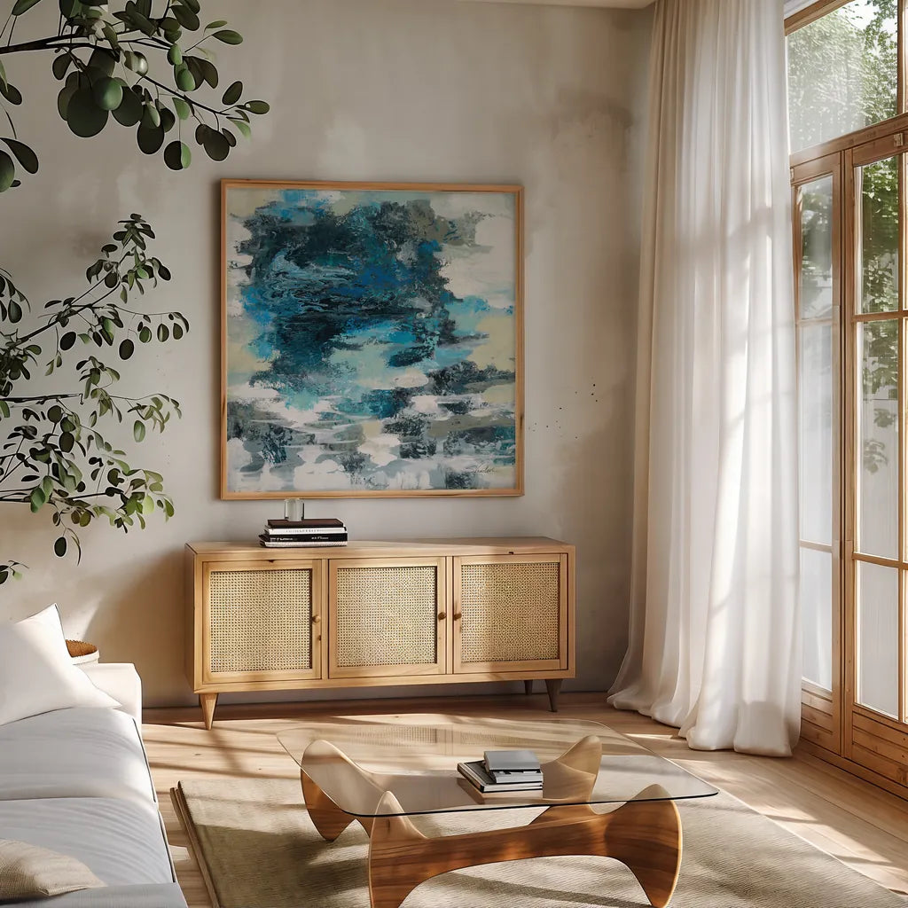 Brilliant Blue Water by Silvia Vassileva. Shown in a natural wood frame in a cozy modern living room. Available as an archival giclee rolled canvas, fine art paper, or poster print. SKU 75418a.