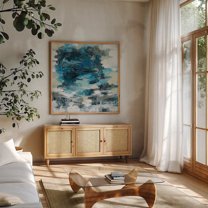 Brilliant Blue Water by Silvia Vassileva. Shown in a natural wood frame in a cozy modern living room. Available as an archival giclee rolled canvas, fine art paper, or poster print. SKU 75418a.