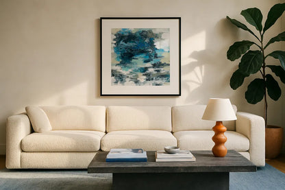 Brilliant Blue Water by Silvia Vassileva. Displayed in a glass frame with matte in a clean modern living room. Available as an archival giclee rolled canvas, fine art paper, or poster print. SKU 75418a.