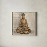 Bronze Buddha by Silvia Vassileva. Shown in a crisp white glass frame for a clean and minimalist style. Available as an archival giclee rolled canvas, fine art paper, or poster print. SKU 64153a.