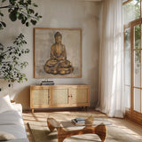 Bronze Buddha by Silvia Vassileva. Shown in a natural wood frame in a cozy modern living room. Available as an archival giclee rolled canvas, fine art paper, or poster print. SKU 64153a.