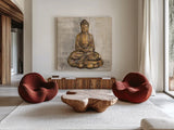 Bronze Buddha by Silvia Vassileva. Shown as extra-large giant wall art in a modern living room. Available as an archival giclee rolled canvas, fine art paper, or poster print. SKU 64153a.