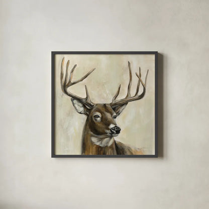Bronze Deer by Silvia Vassileva. Shown in a sleek black glass frame for a contemporary gallery look. Available as an archival giclee rolled canvas, fine art paper, or poster print. SKU 55654a.