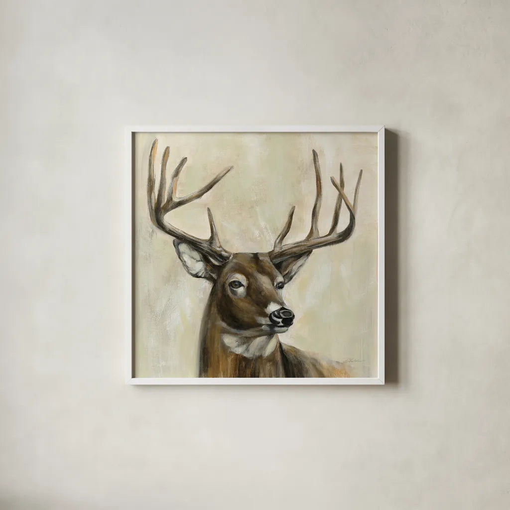 Bronze Deer by Silvia Vassileva. Shown in a crisp white glass frame for a clean and minimalist style. Available as an archival giclee rolled canvas, fine art paper, or poster print. SKU 55654a.