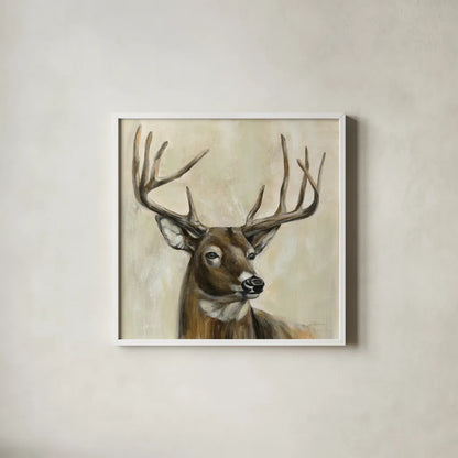 Bronze Deer by Silvia Vassileva. Shown in a crisp white glass frame for a clean and minimalist style. Available as an archival giclee rolled canvas, fine art paper, or poster print. SKU 55654a.