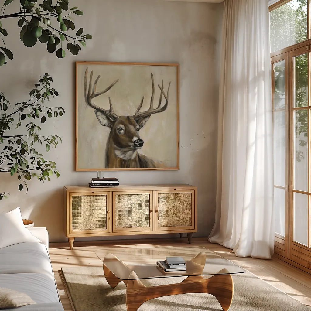 Bronze Deer by Silvia Vassileva. Shown in a natural wood frame in a cozy modern living room. Available as an archival giclee rolled canvas, fine art paper, or poster print. SKU 55654a.