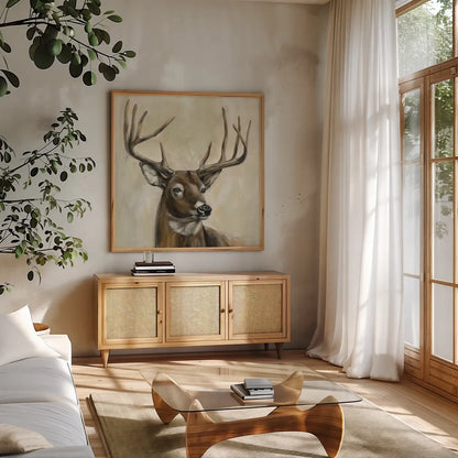 Bronze Deer by Silvia Vassileva. Shown in a natural wood frame in a cozy modern living room. Available as an archival giclee rolled canvas, fine art paper, or poster print. SKU 55654a.