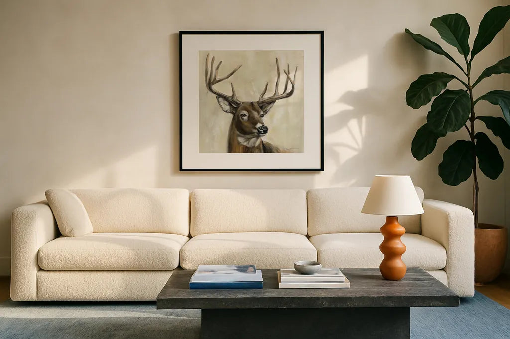 Bronze Deer by Silvia Vassileva. Displayed in a glass frame with matte in a clean modern living room. Available as an archival giclee rolled canvas, fine art paper, or poster print. SKU 55654a.