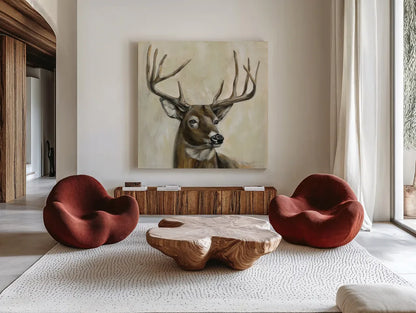 Bronze Deer by Silvia Vassileva. Shown as extra-large giant wall art in a modern living room. Available as an archival giclee rolled canvas, fine art paper, or poster print. SKU 55654a.