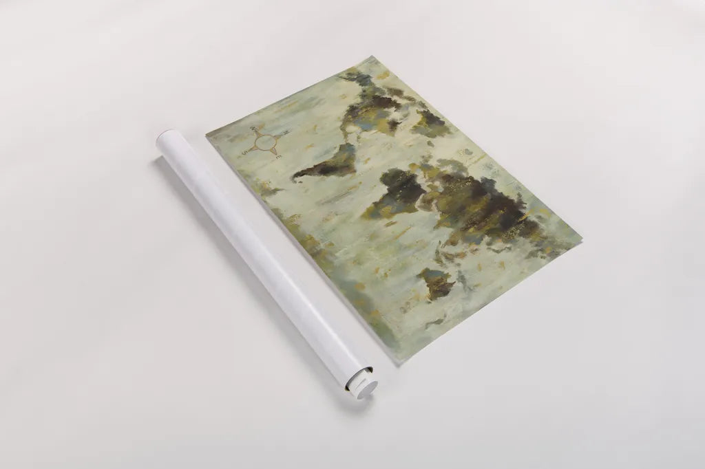 Bronze World Map by Silvia Vassileva. shown as a rolled paper print. Available as archival giclee rolled canvas, fine art paper, or poster print. SKU 53713i.