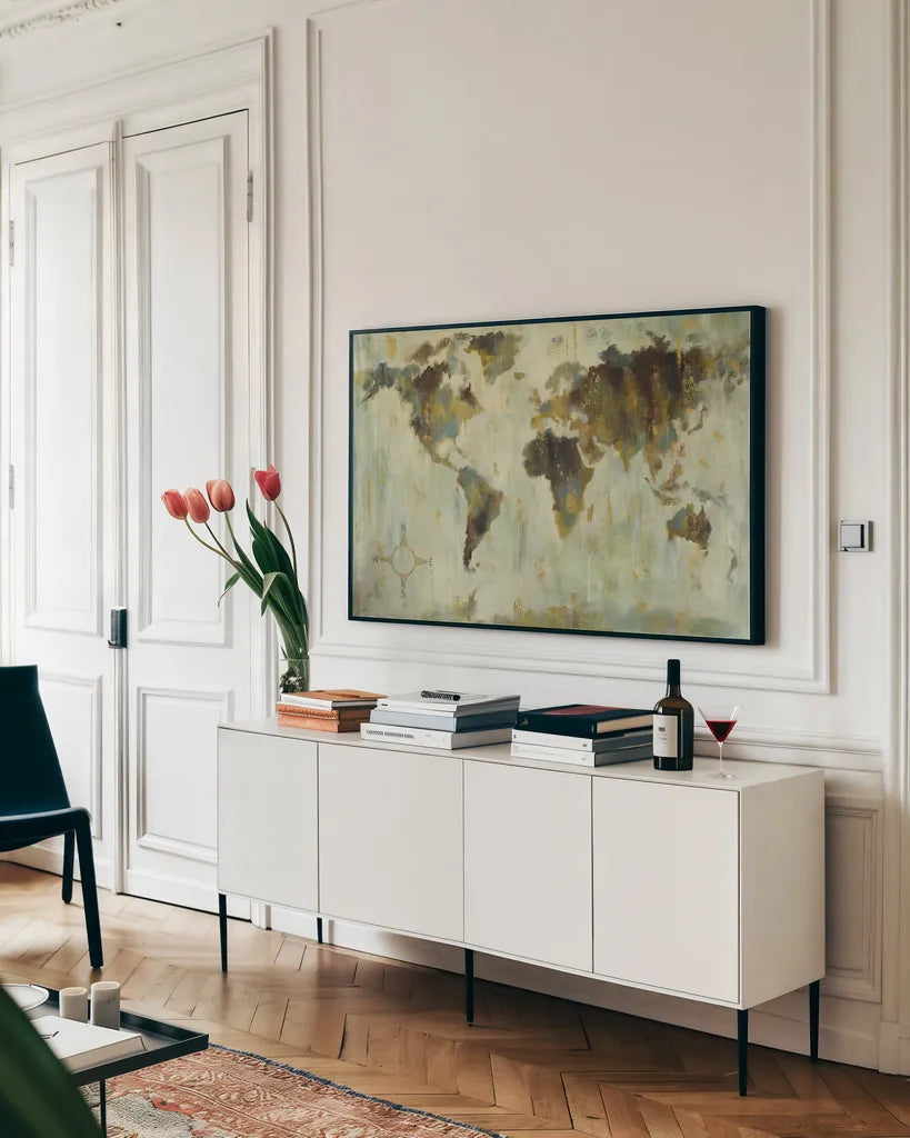 Bronze World Map by Silvia Vassileva. shown as a framed stretched canvas in a living room above a console. Available as a archival giclee rolled canvas, fine art paper, or poster print. SKU 53713i.