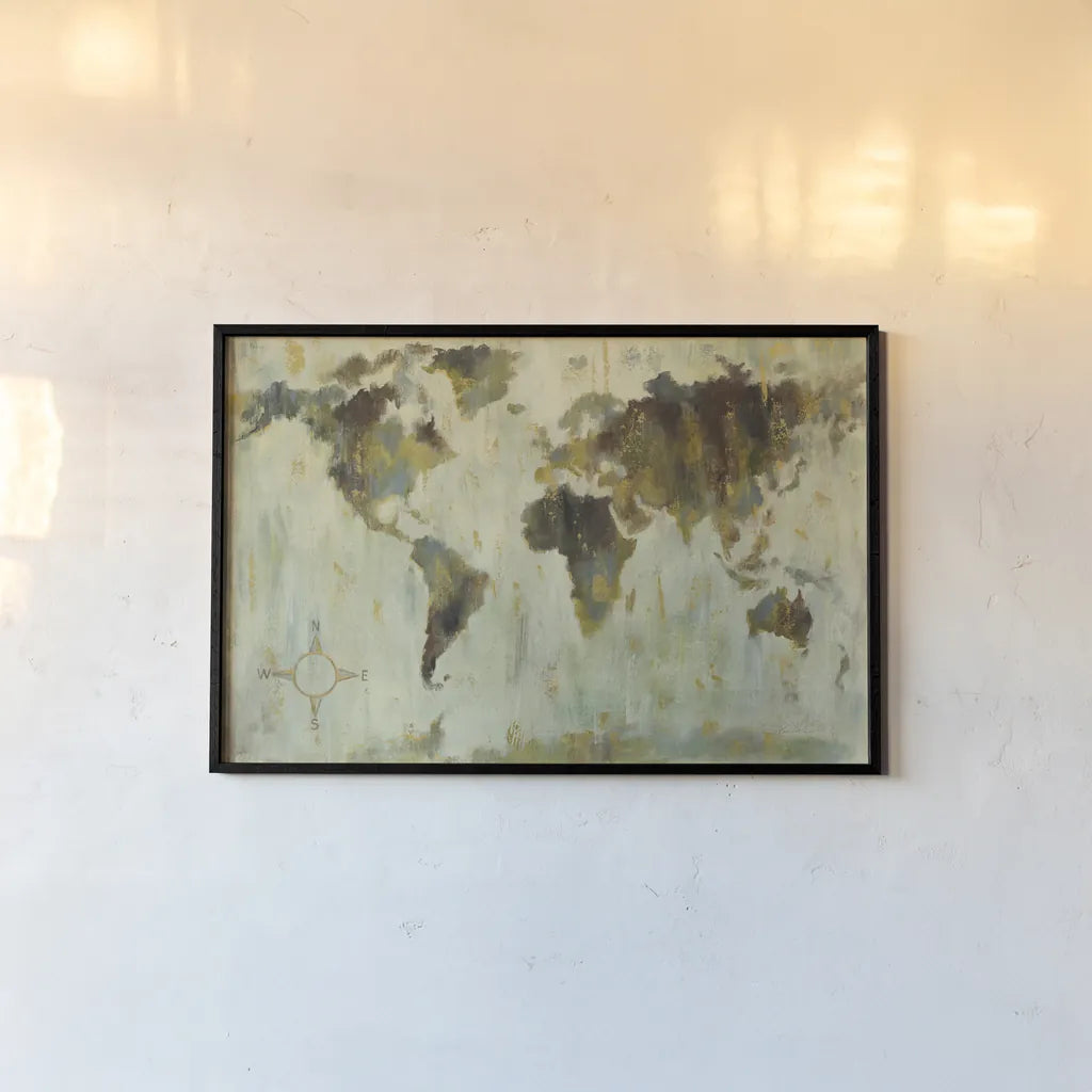 Bronze World Map by Silvia Vassileva. shown as a paper print in a black flame. Available as a archival giclee rolled canvas, fine art paper, or poster print. SKU 53713i.